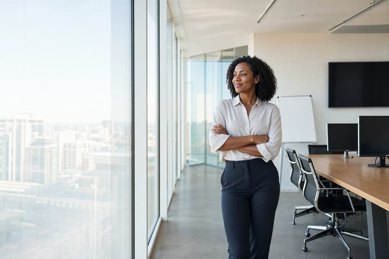 A practitioner standing at the window of a modern office floor